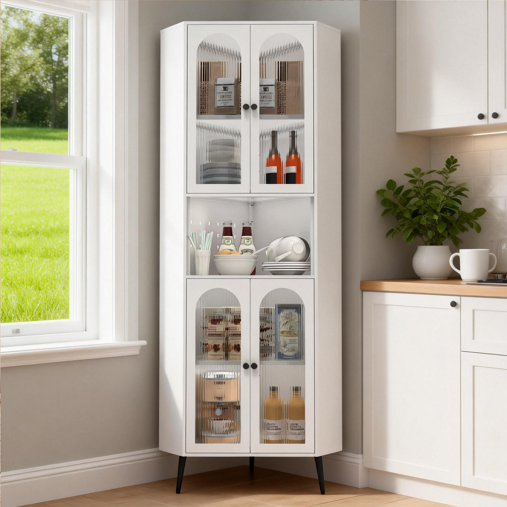 Arch Corner Cabinet 71 in a kitchen corner holding jars and dishes
