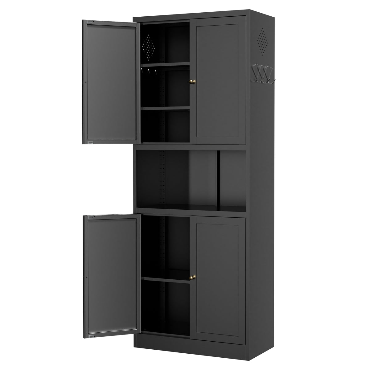 Pantry Hutch 72 in Graphite with the doors open and the shelves empty