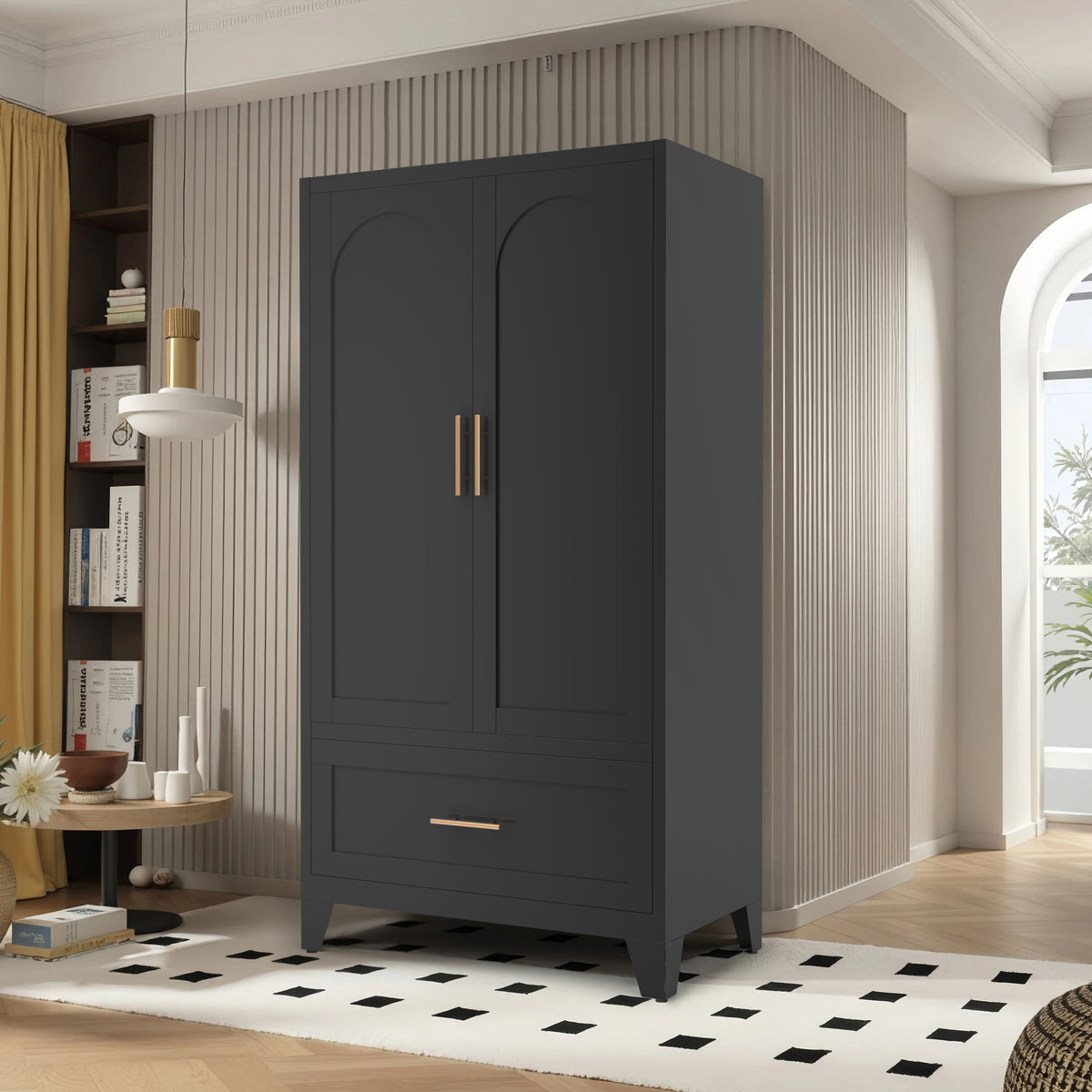 Arch Wardrobe 60 in Graphite in a living room with an arched window, doors closed