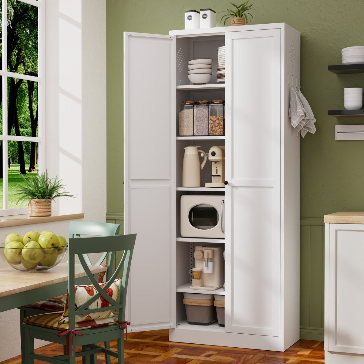 Pantry 72 in a kitchen with doors open, shelves holding food and a microwave