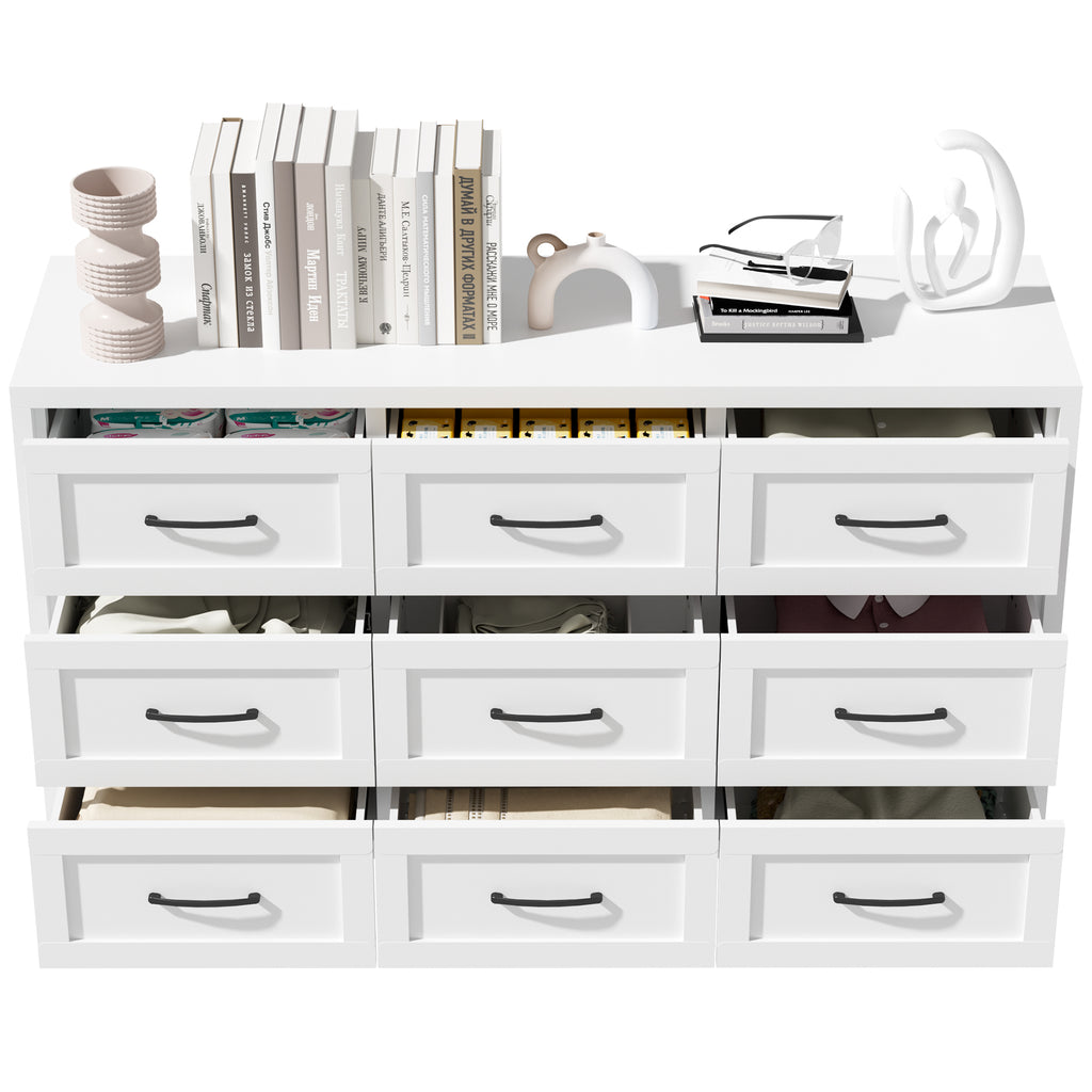 9-Drawer Dresser with all nine drawers open, books on top