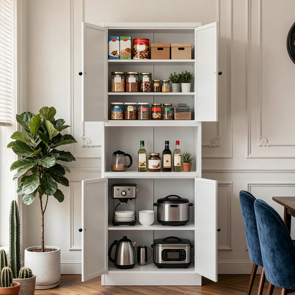 Pantry Hutch 72 in Chalk in a dining room with all four doors open, shelves full of jars and small appliances