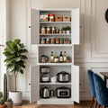 Pantry Hutch 72 in Chalk in a dining room with all four doors open, shelves full of jars and small appliances
