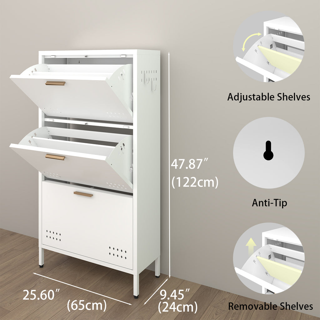 Slim Shoe Cabinet 48 dimensions: 25.6 in wide, 9.45 in deep, 47.87 in tall, with adjustable and removable shelves and anti-tip hardware