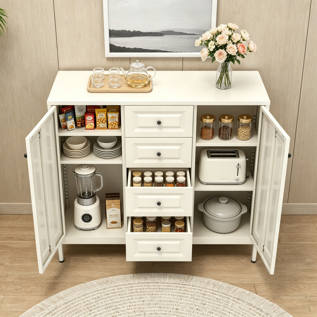 Sideboard 40 with both cupboards and two drawers open, holding dishes, jars and small appliances