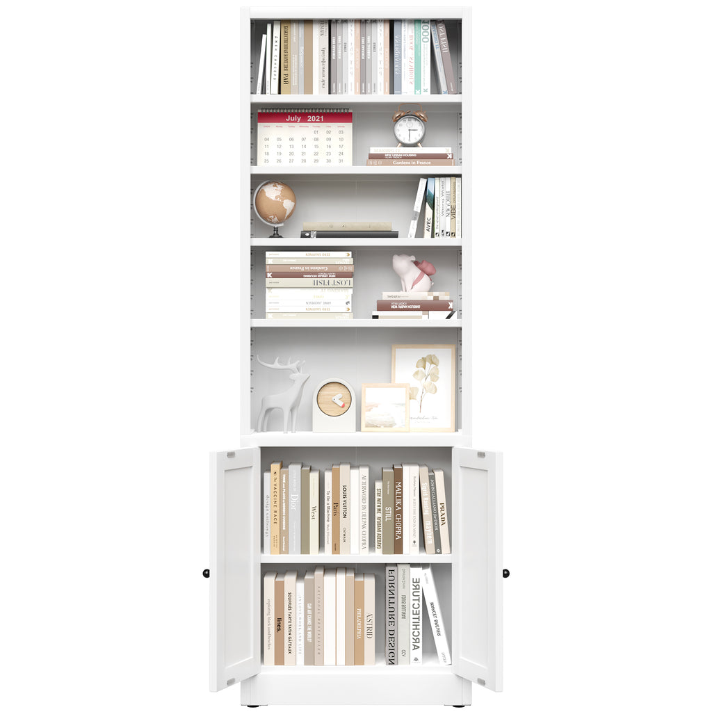 Bookcase 71 filled with books and decor, the cupboard doors open with more books inside