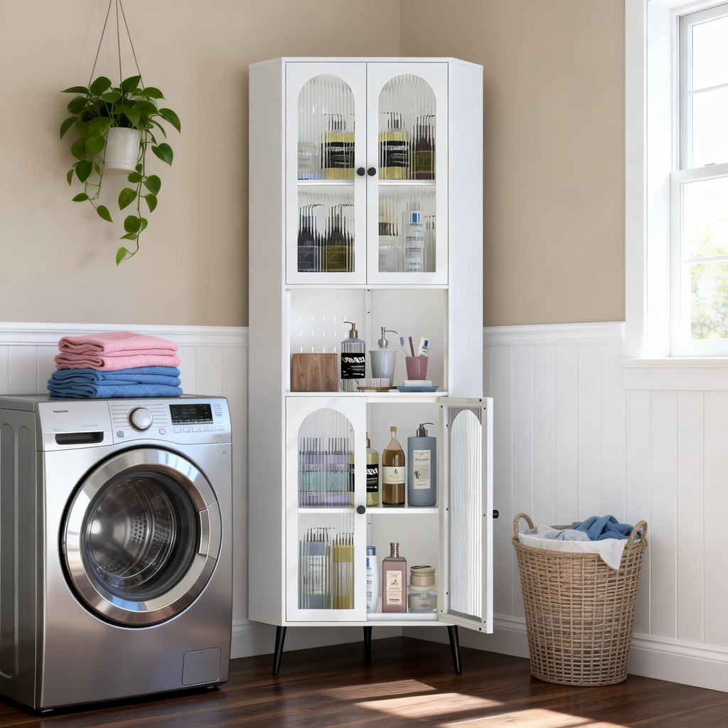 Arch Corner Cabinet 71 beside a washing machine in a laundry room