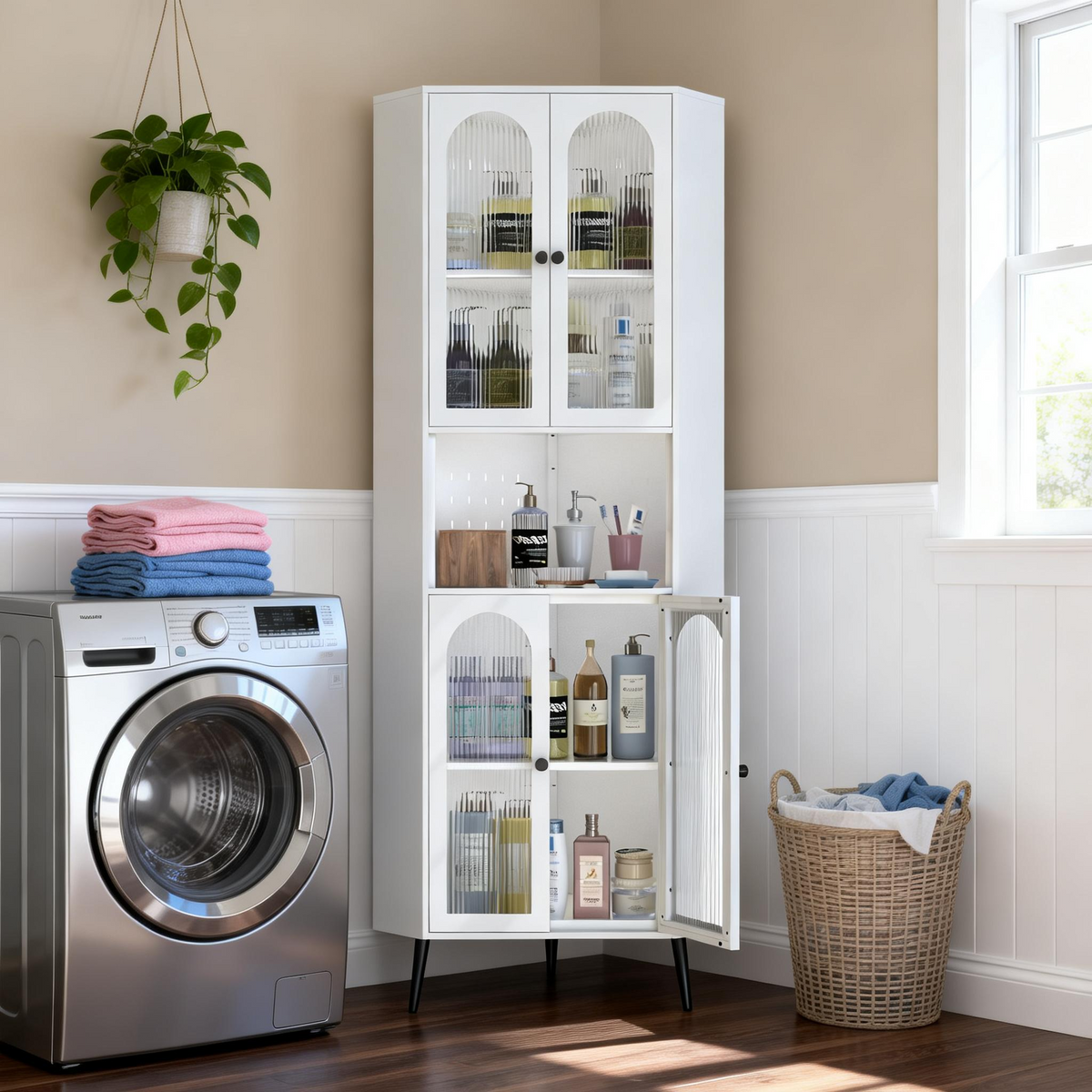 Arch Corner Cabinet 71 beside a washing machine in a laundry room