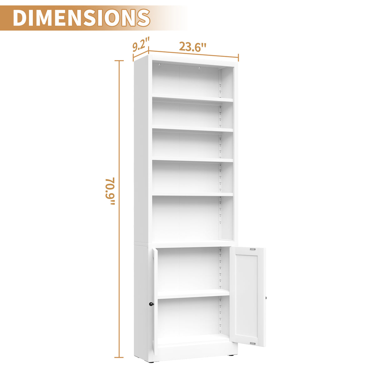 Bookcase 71 dimension diagram: 23.6 in wide, 9.2 in deep, 70.9 in tall