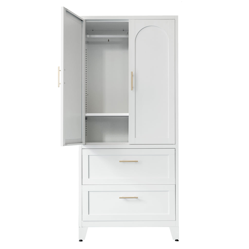 Arch Wardrobe 71, angled view with doors open, showing the hanging rod and shelf