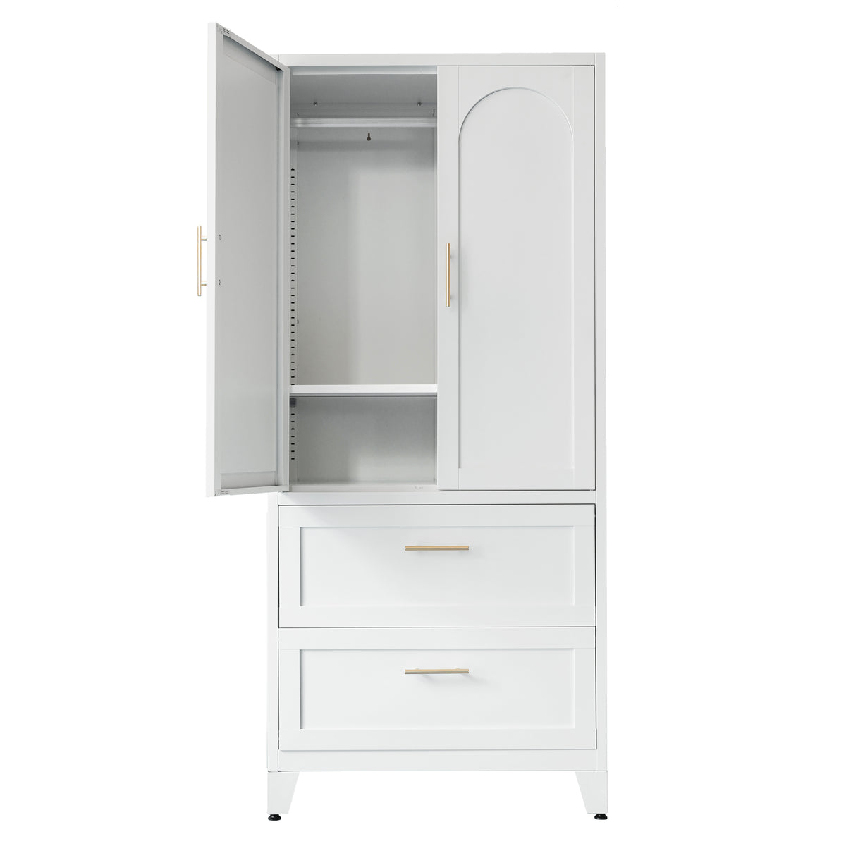 Arch Wardrobe 71, angled view with doors open, showing the hanging rod and shelf