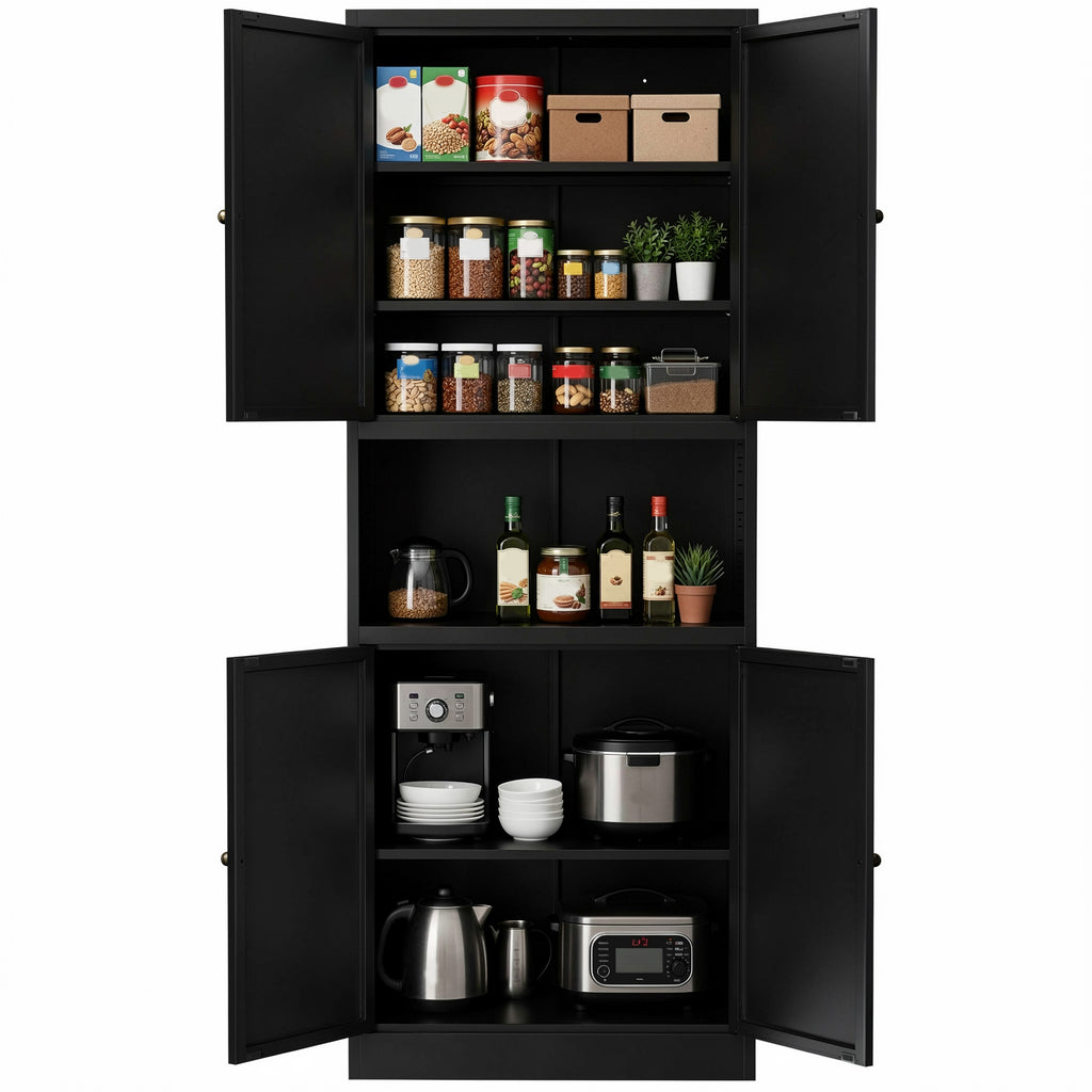 Pantry Hutch 72 in Graphite with all four doors open, holding food, dishes and small appliances