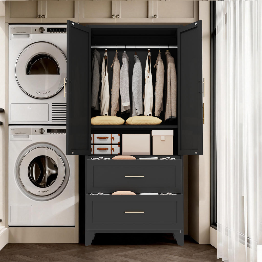 Arch Wardrobe 71 in Graphite with doors open next to a washer and dryer, clothes on the hanging rod