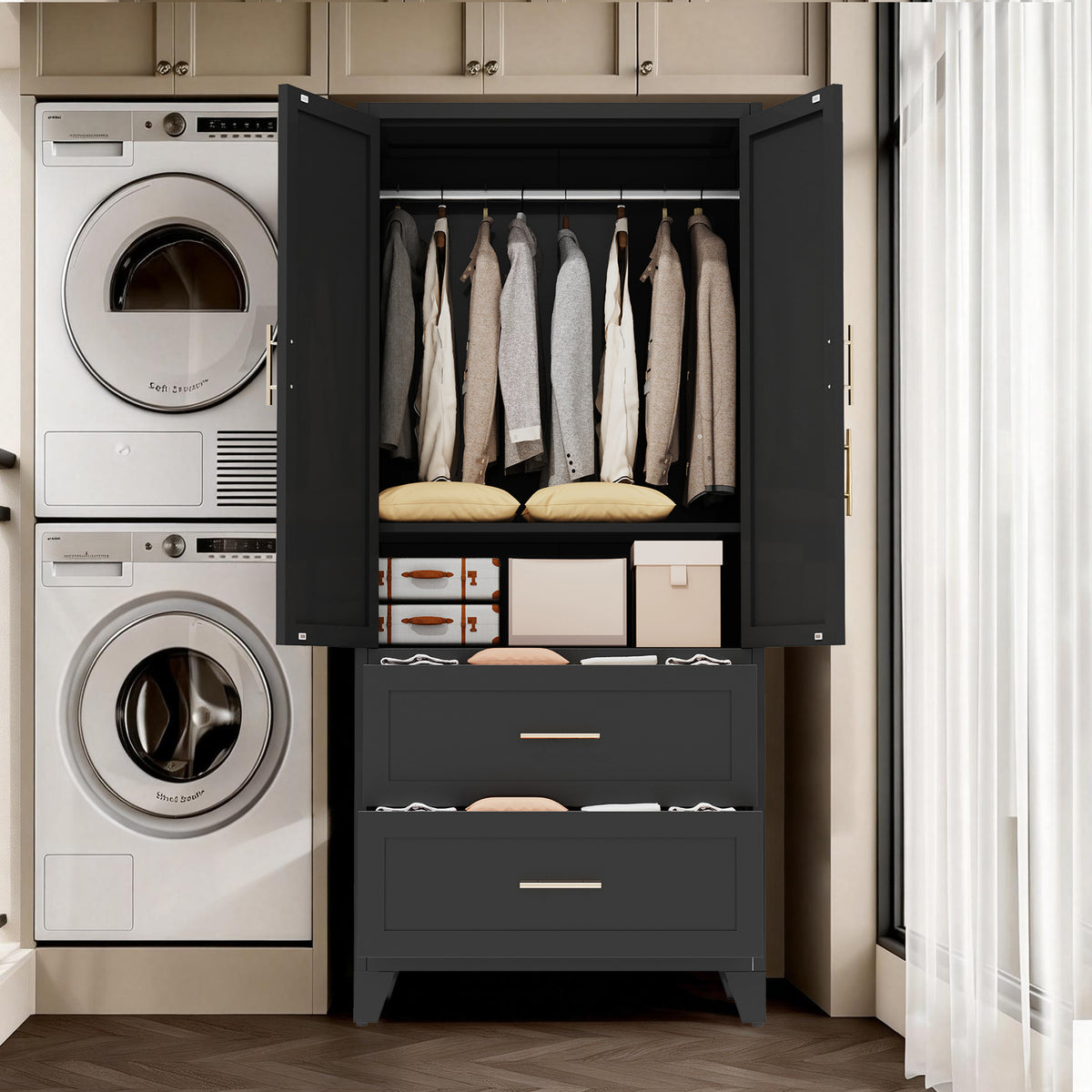 Arch Wardrobe 71 in Graphite with doors open next to a washer and dryer, clothes on the hanging rod