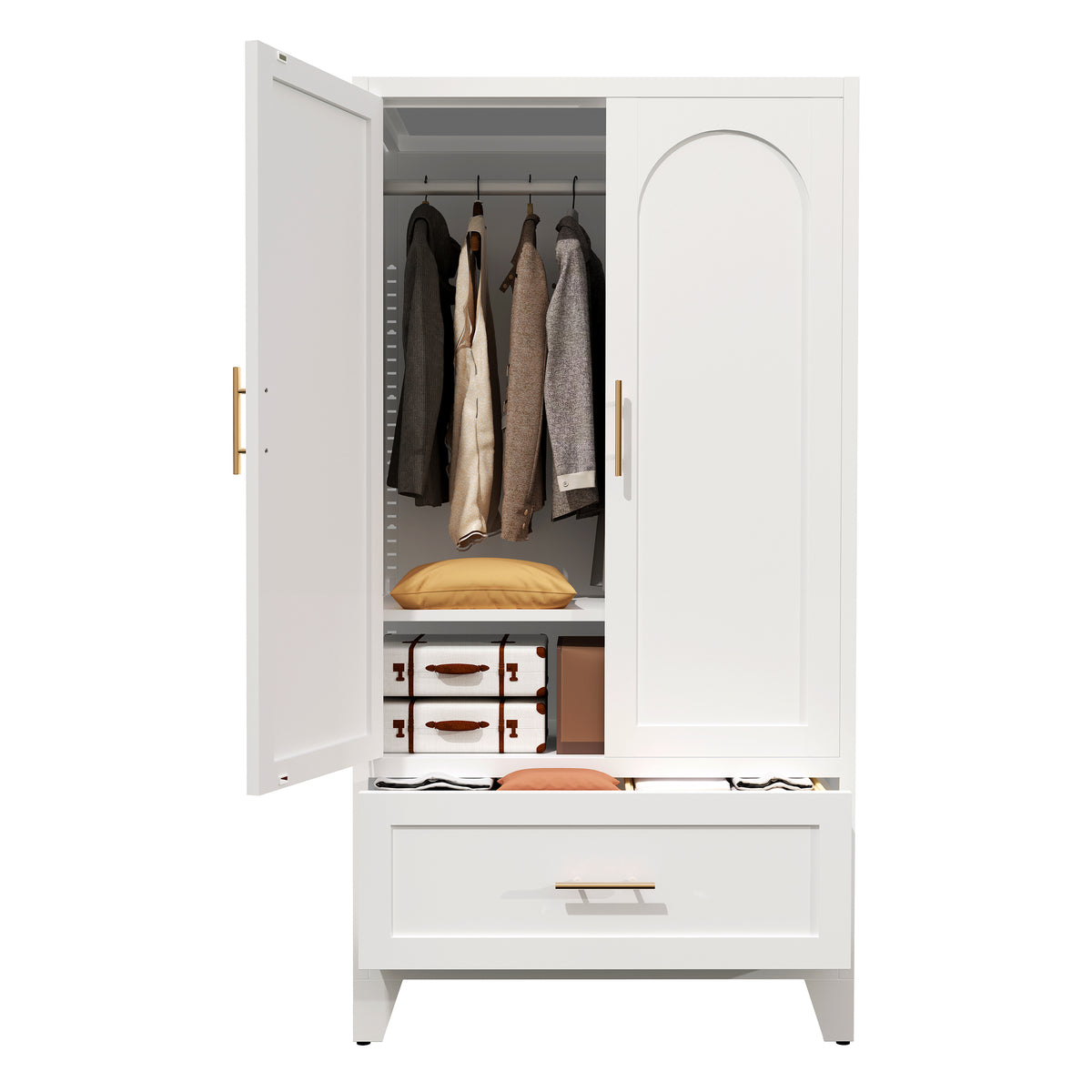 Arch Wardrobe 60 with doors open, clothes on the hanging rod and items in the drawer