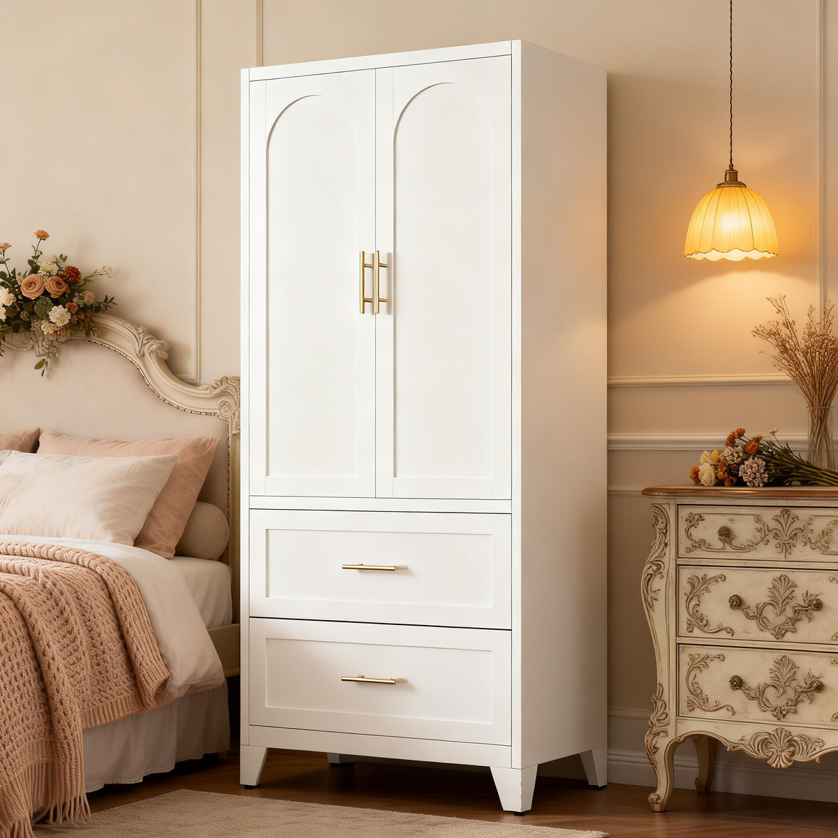 Arch Wardrobe 71 steel wardrobe in Chalk in a bedroom beside the bed, doors closed