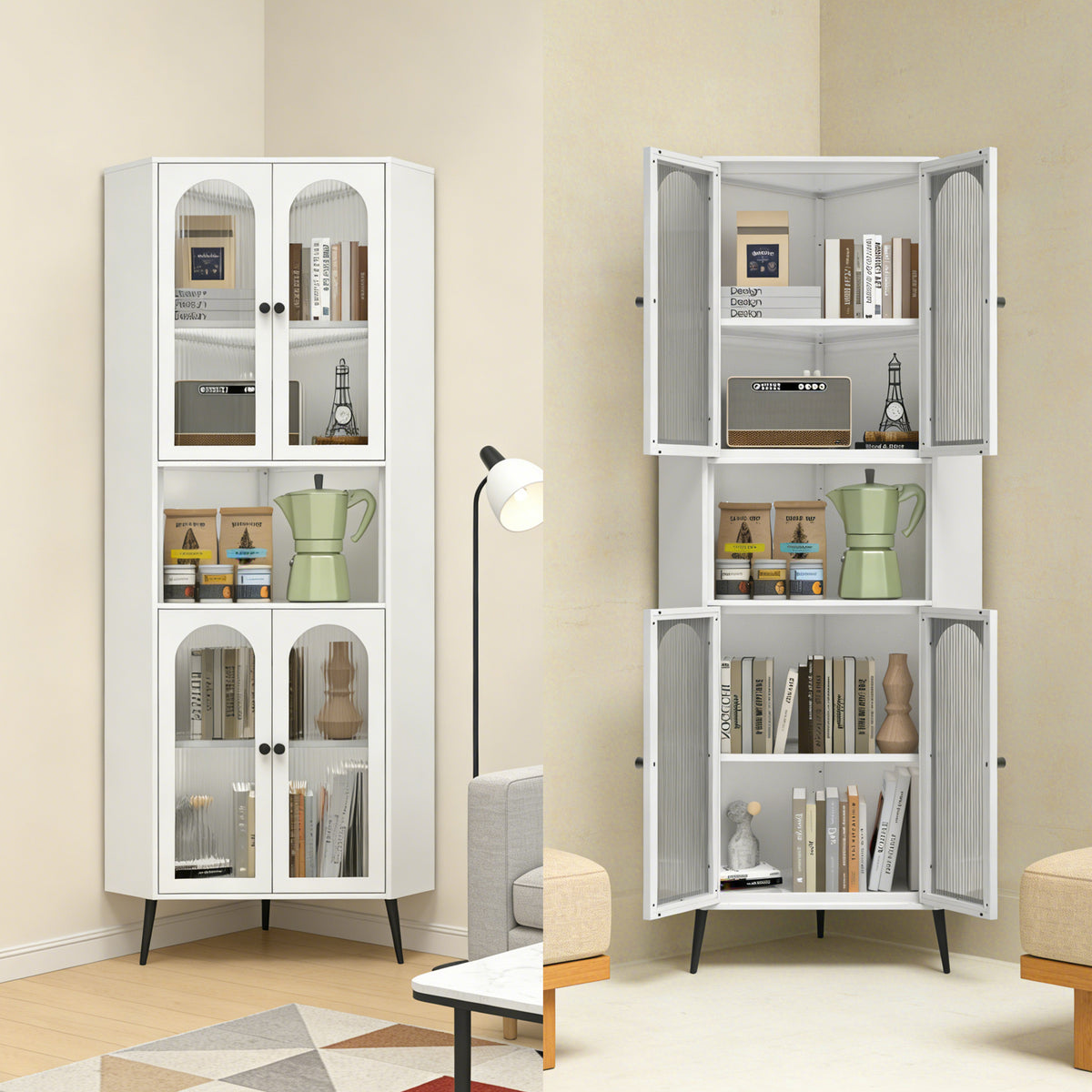 Two Arch Corner Cabinet 71 units, one with doors closed and one with doors open