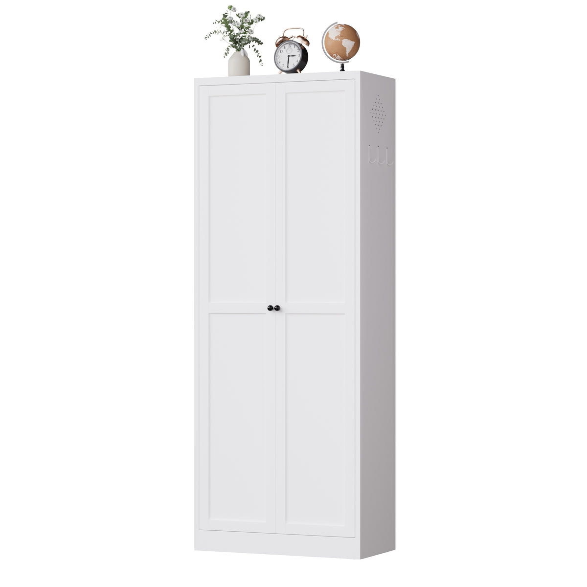 Pantry 72 in Chalk, front view with doors closed and decor on top