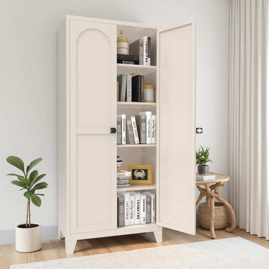 Little Arch 71 cabinet in Oat in a living room with one door open, shelves holding books