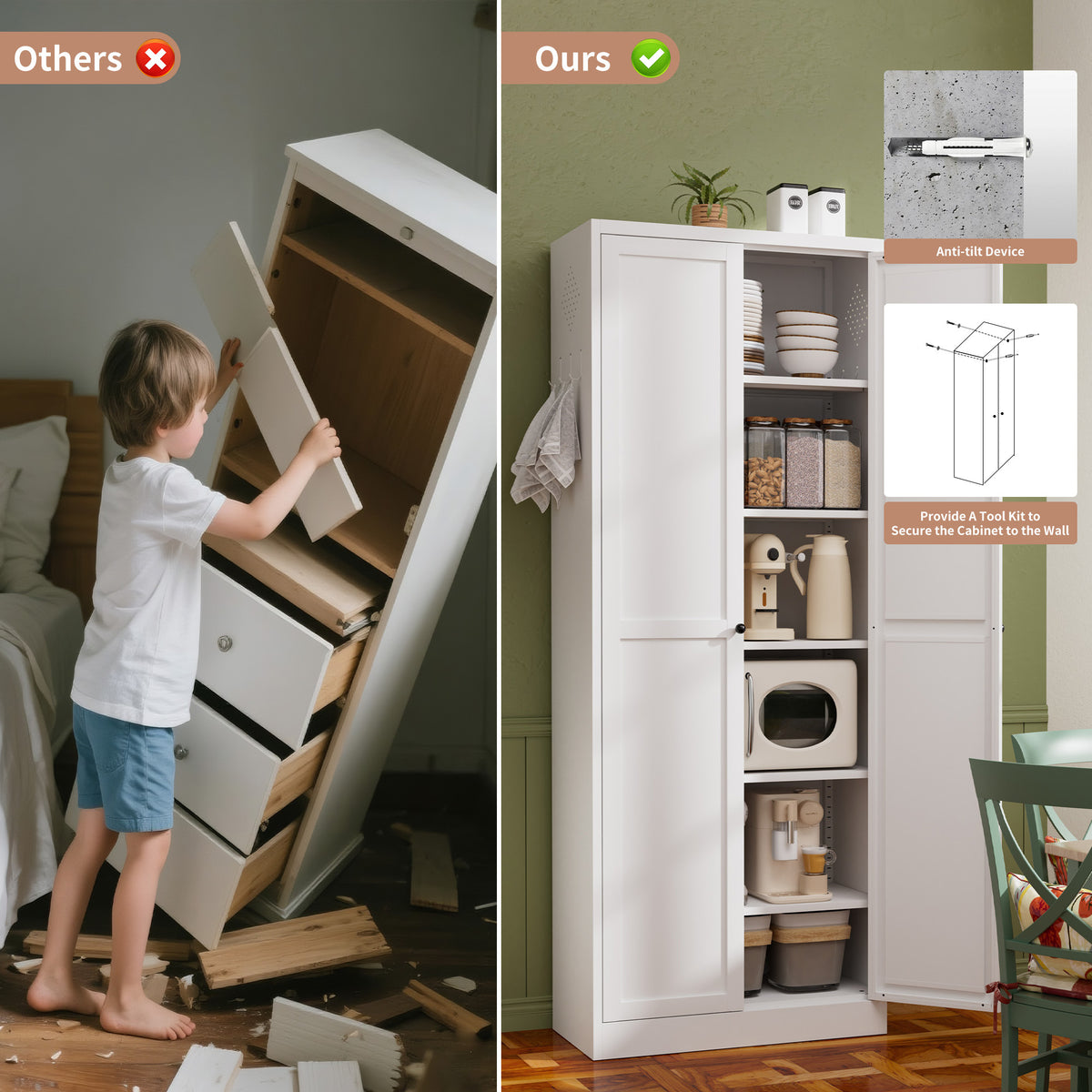 Graphic comparing an anchored Pantry 72 with an unanchored cabinet tipping over