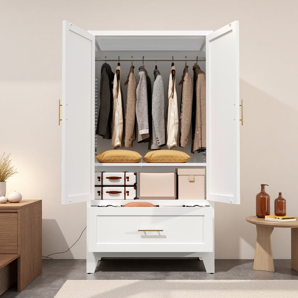 Arch Wardrobe 60 with doors open in a bedroom, clothes on the hanging rod
