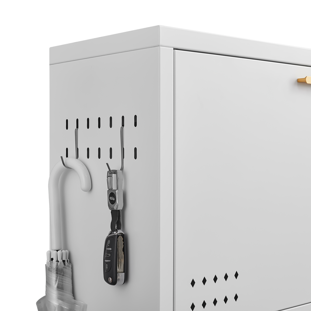 Side hooks on Slim Shoe Cabinet 48 holding keys and an umbrella