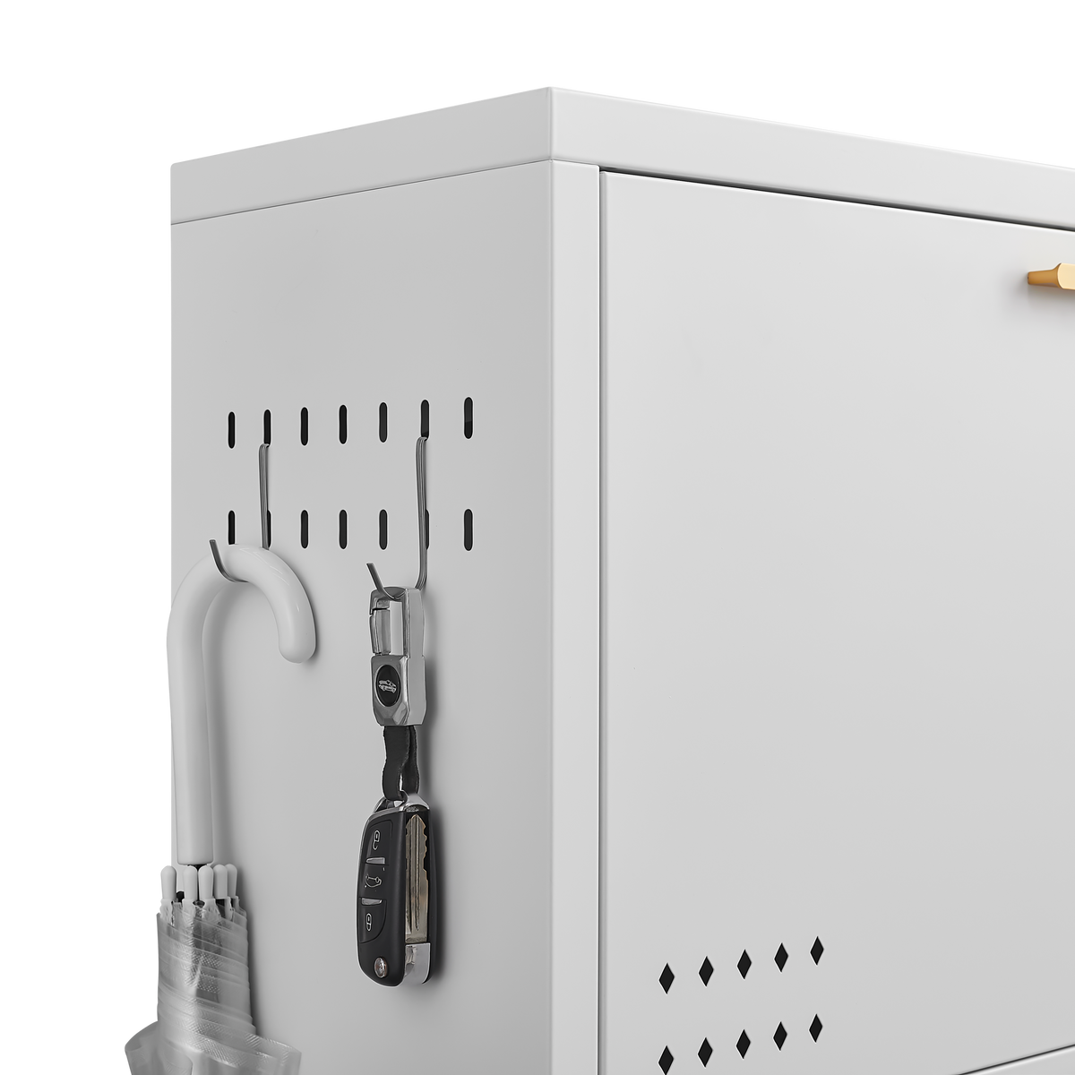 Side hooks on Slim Shoe Cabinet 48 holding keys and an umbrella