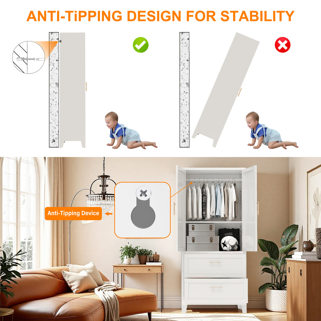 Diagram showing Arch Wardrobe 71 anchored to the wall to prevent tipping