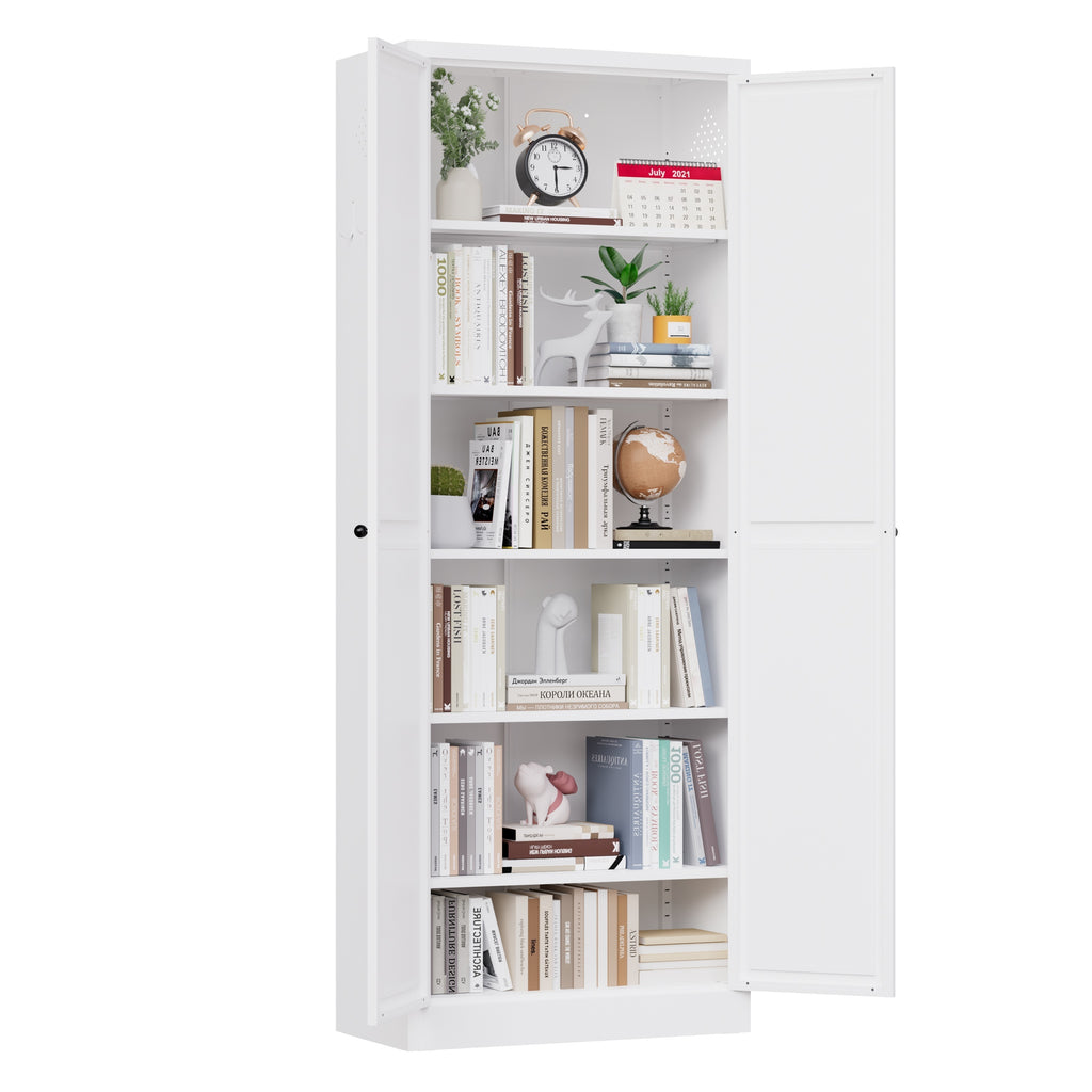 Pantry 72 with doors open, shelves holding books and decor